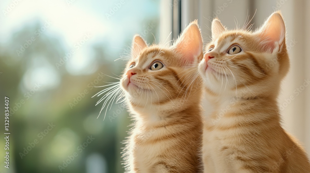 Fototapeta premium Two Ginger Kittens Gaze Out Window in Sunlight