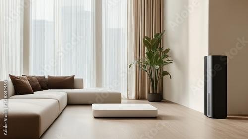 Obraz na płótnie A minimalist modern living room with a beige walls, a beige sofa, and a black speaker. 5 w salonie