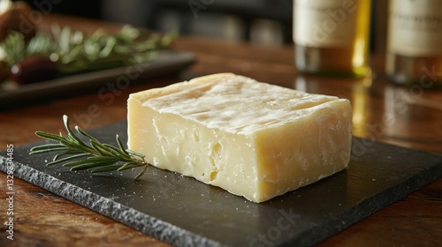 Indulge in creamy stracchino cheese on an elegant black ceramic plate