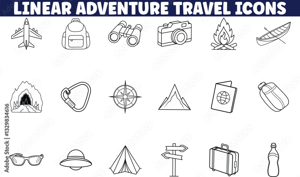 Fototapeta premium Linear Adventure Travel Icons Plane, Backpack, Binoculars, Camera, Fire
