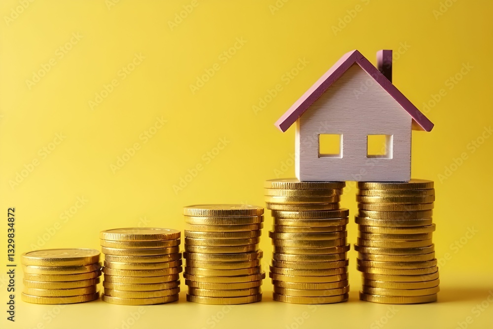 Home wooden blocks placed on stacks of coins. Financial planning, investment, and achieving monetary goals concept. Business background Home wooden blocks placed on stacks of coins. Financial planning, investment, and achieving monetary goals concept. Business background