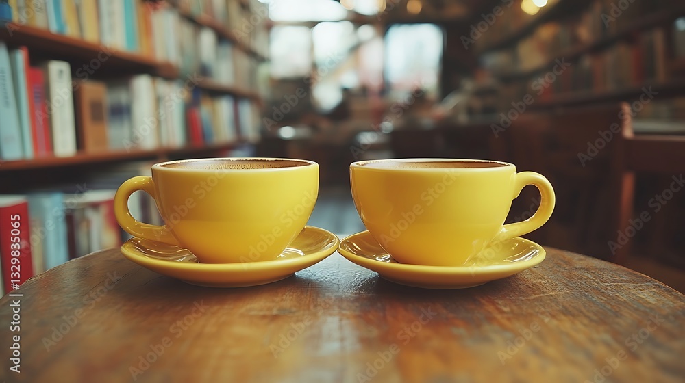 Two yellow coffee cups on wooden table in bookstore. Two yellow coffee cups on wooden table in bookstore.