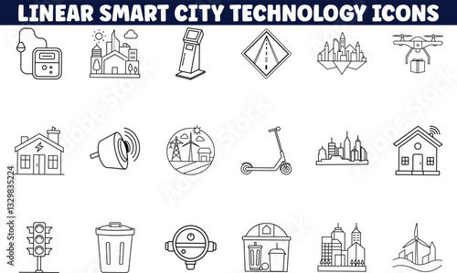 Smart City Technology Linear Icons Urban Infrastructure and Mobility