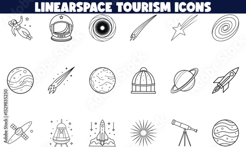Linear Space Tourism Icons Planets, Rockets, Stars, and Astronauts