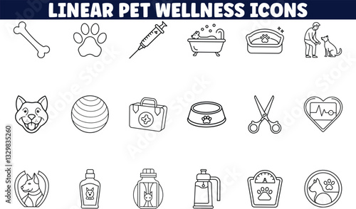 Linear Pet Wellness Icons Health, Care, Hygiene, Grooming, and Nutrition
