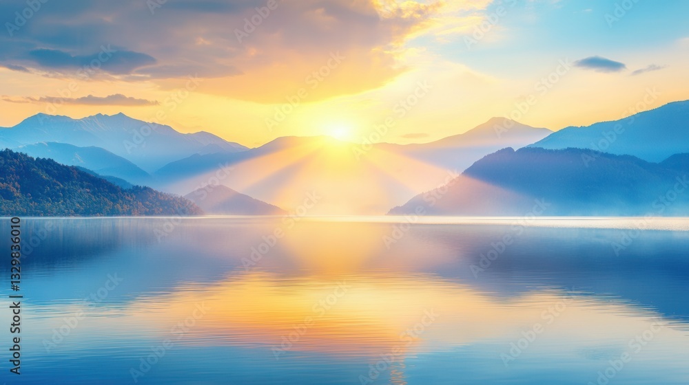 Serene Sunrise over Calm Lake and Misty Mountains Serene Sunrise over Calm Lake and Misty Mountains