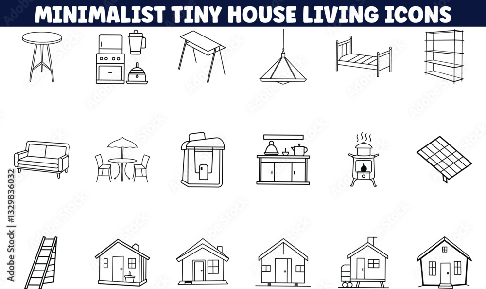 Obraz premium Minimalist Tiny House Living Icons Furniture, Kitchen, and Solar