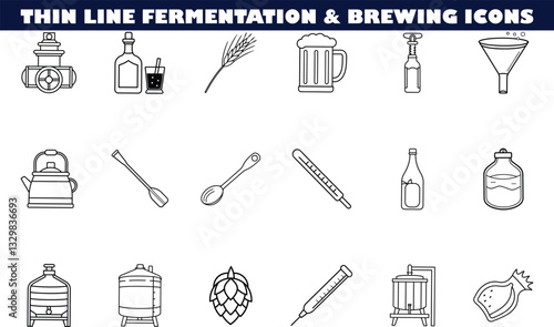 Thin Line Fermentation Brewing Icons Equipment, Ingredients, Process