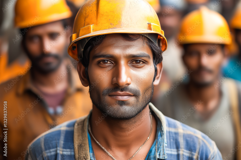 Closeup Portrait Of Construction Workers Wearing Safety Helmets In Orange Closeup Portrait Of Construction Workers Wearing Safety Helmets In Orange