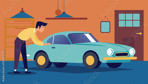 A man carefully restores his classic car in his garage a childhood passion that he has returned to now that he has more time in retirement.. Vector illustration