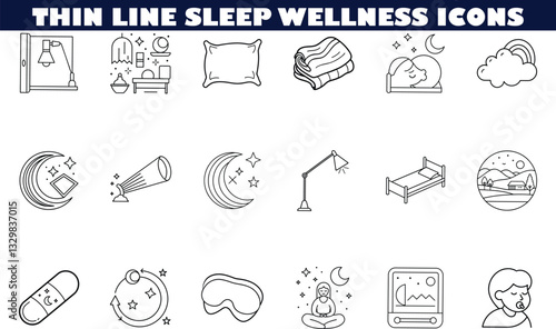 Thin Line Sleep Wellness Icons Relaxation, Rest, Dreams, Serenity