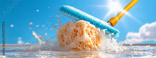 close-up of window cleaning with water and squeegee. bright blue sky, sunlight, banner design, whit