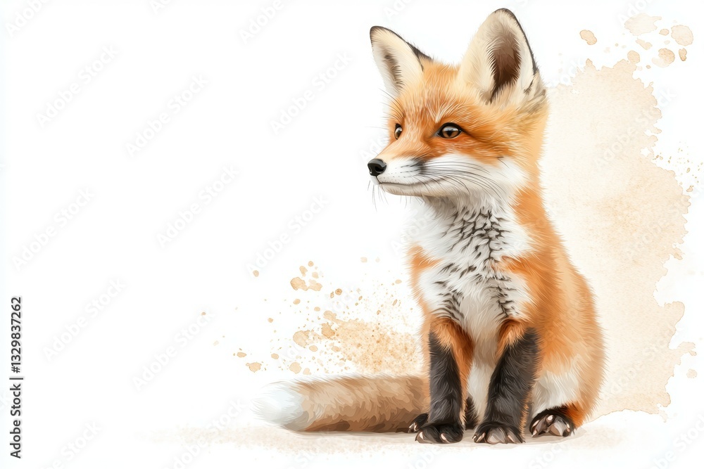 Cute little fox is sitting on the ground, looking up at the camera Cute little fox is sitting on the ground, looking up at the camera