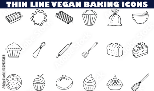 Vegan Baking Thin Line Icons Utensils, Ingredients, and Desserts