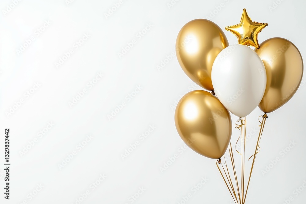 Bunch of gold and white balloons with a star in the middle Bunch of gold and white balloons with a star in the middle