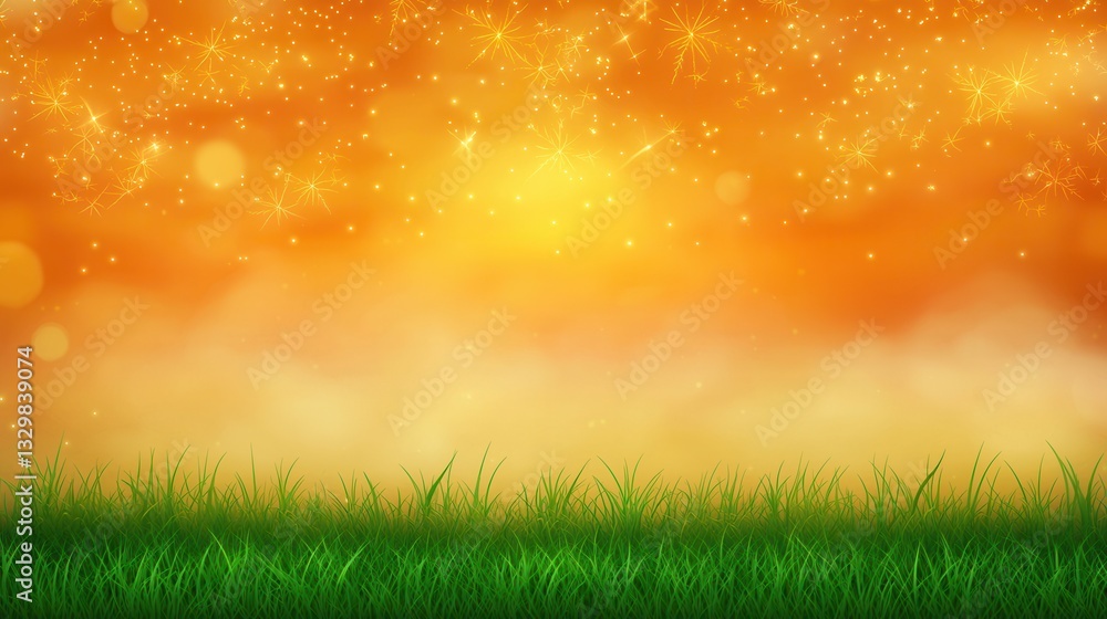 Obraz premium Golden Sunset Over Lush Green Grass Field with Sparkling Dust