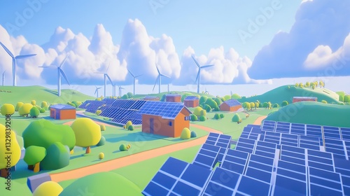 Sustainable Eco-Village, Wind Turbines, Solar Panels, Sunny Landscape