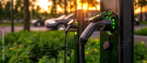 Green electric car actively charging at a public charging station promoting sustainable transportation choices for drivers