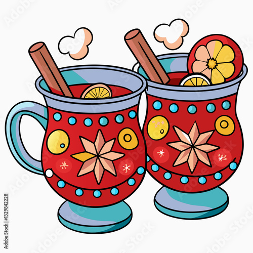 Festive cartoon illustration of two mugs of mulled wine, warm, celebrating the holidays