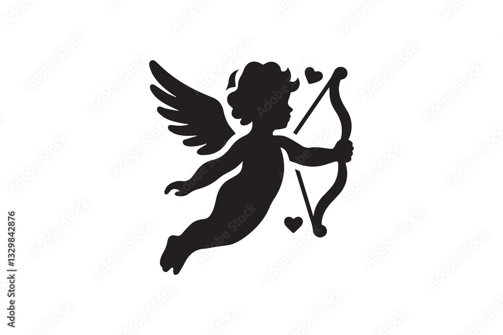 Fototapeta premium Cupid silhouette vector illustration in black and white, set against a white background
