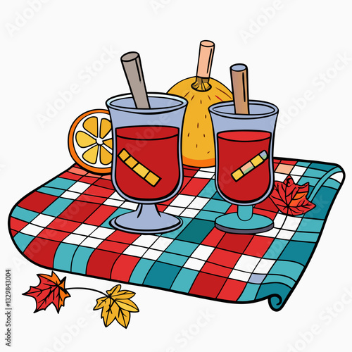 Two glasses of spiced wine with citrus and cinnamon, cozy autumn picnic, fall seasonal drink, holiday beverage illustration