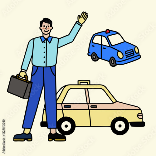 Businessman hailing a taxi, urban transport illustration, taxi service, city travel, public transportation, business trip concept