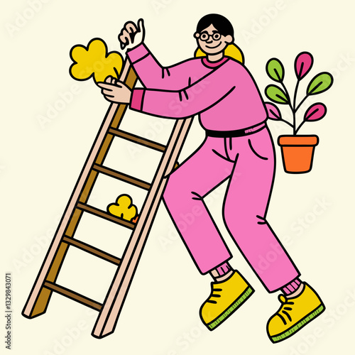 Cartoon woman climbing a ladder, home improvement, cleaning and organization, clipart for household and DIY content