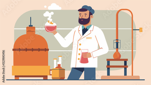 The Master Distiller carefully monitors the temperature and pressure ensuring the perfect distillation of the Pisco.. Vector illustration