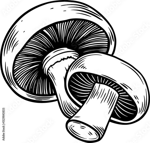 Monochrome illustration of mushrooms detailed art of cap and stem structure