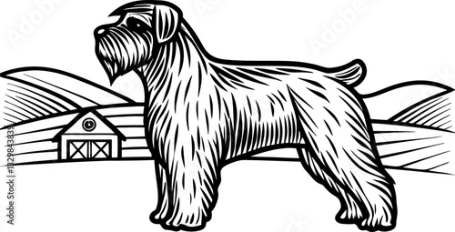Schnauzer illustration farm landscape with rustic barn and rolling hills