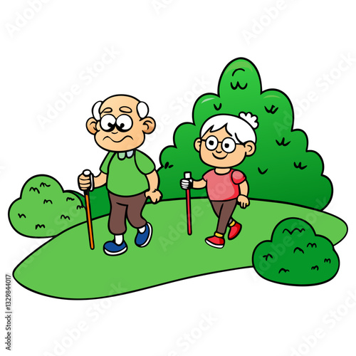 Happy elderly couple hiking together with walking sticks in a lush green setting