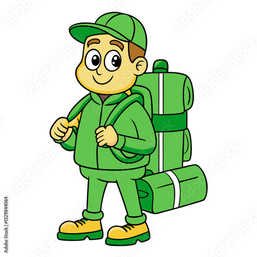 Cartoon boy with a backpack in hiking gear – outdoor adventure illustration for blogs, camping guides, travel content, trekking websites, and survival-themed materials

