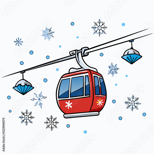 Cartoon red cable car in a snowy landscape – winter travel illustration for blogs, ski resorts, holiday content, adventure tourism, and seasonal designs

