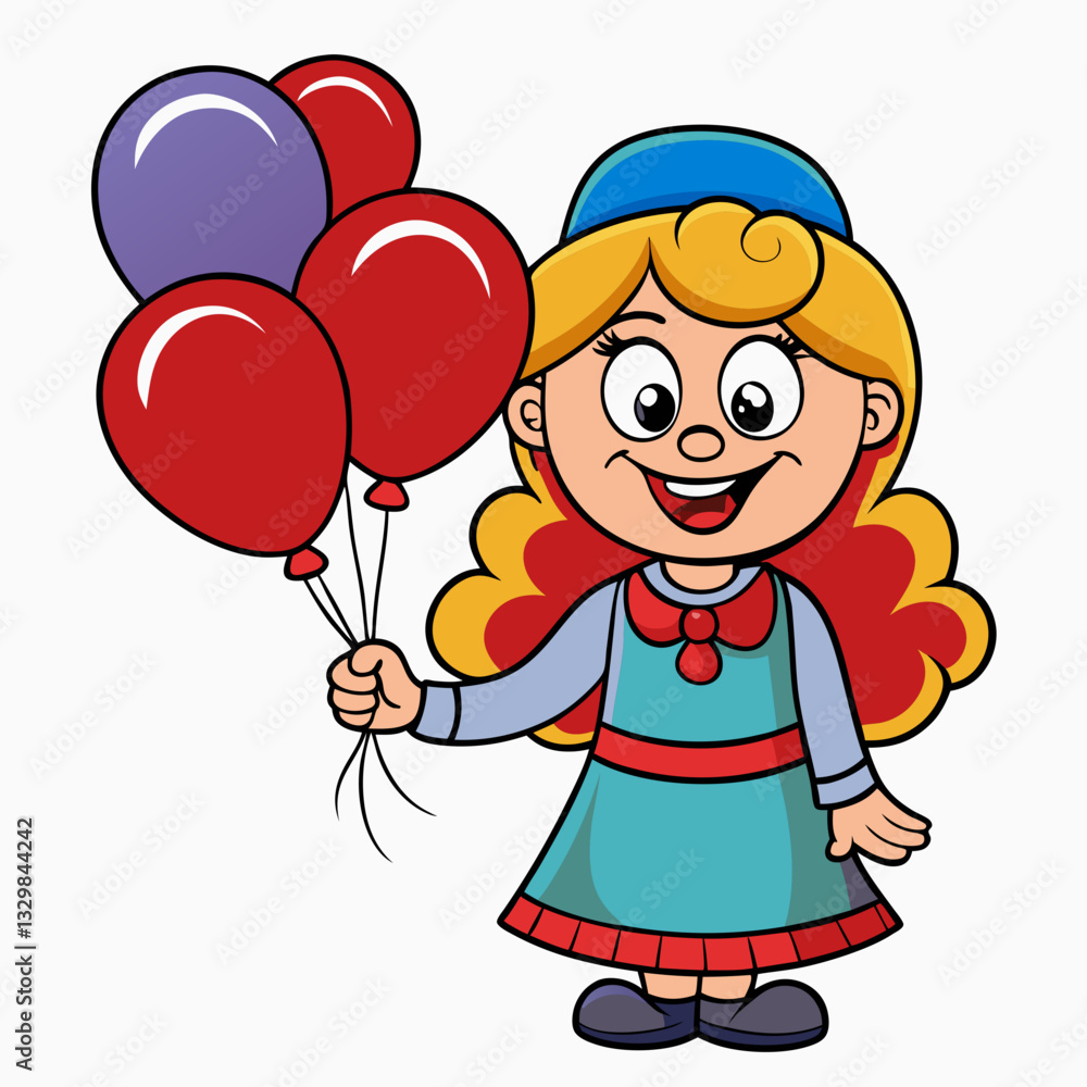 Happy cartoon girl holding balloons on a white background with copy space Happy cartoon girl holding balloons on a white background with copy space