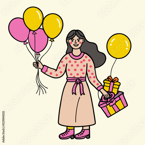 Cartoon woman with balloons and a gift – festive illustration for blogs, greeting cards, birthday designs, party invitations, and celebration content

