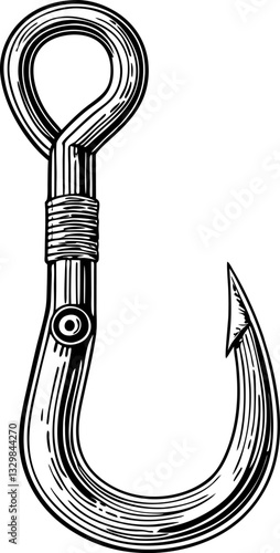 Intricate fishing hook drawing black and white illustration of a fishhook with detailed design