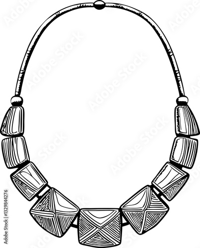 Handcrafted geometric necklace with unique bead patterns in black and white illustration