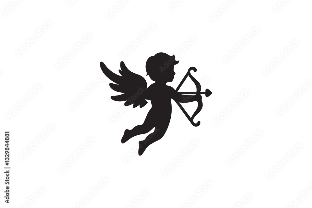 Cupid silhouette vector illustration in black and white, set against a white background Cupid silhouette vector illustration in black and white, set against a white background