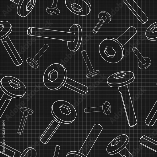 Mechanical engineering drawings on black background. Cutter, assembly tool with replaceable multi-faceted plate. Technical Design. Cover. Blueprint. Vector illustration. Seamless pattern.