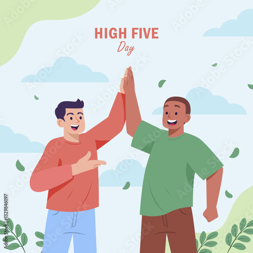 Vibrant digital illustration of two young men giving a high five, symbolizing friendship and joy. The text "High Five Day" is displayed above them in bold, colorful typography.