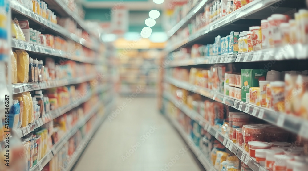 A blurred view of a grocery store aisle with shelves stocked with various products on both sides, creating a sense of depth and focus on the central walkway. A blurred view of a grocery store aisle with shelves stocked with various products on both sides, creating a sense of depth and focus on the central walkway.