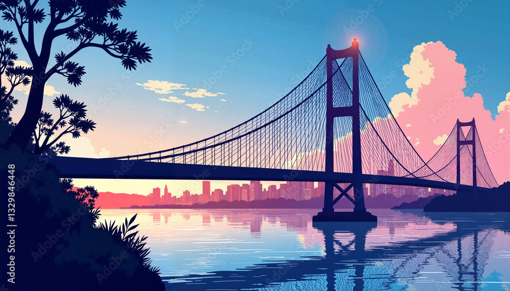 Obraz premium Vibrant bridge reflection at sunset, urban beauty unveiled