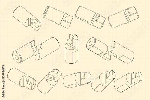 Mechanical engineering drawings on sepia background. Cutter, assembly tool with replaceable multi-faceted plate. Technical Design. Cover. Blueprint. Vector illustration.