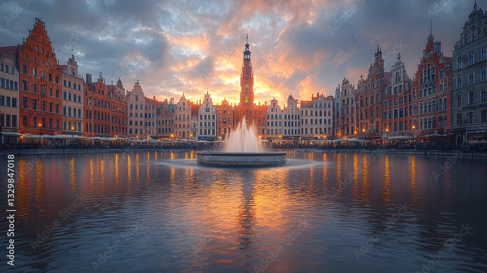Naklejka premium Enchanting Old Town Square Illuminated by Moonlight with Sparkling Fountain Reflections