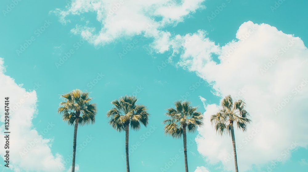 Fototapeta premium Four Palm Trees Silhouetted Against a Bright Blue Sky with Fluffy Clouds