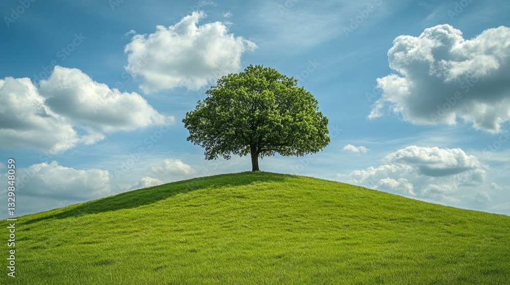 Lonely tree standing on a green hill under a cloudy sky Lonely tree standing on a green hill under a cloudy sky