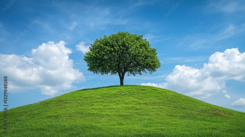 Lonely tree growing on a green hill under blue sky Lonely tree growing on a green hill under blue sky
