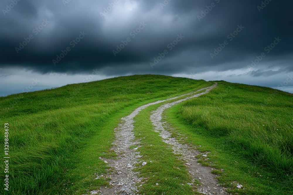 Winding path leading to a green hill under stormy clouds