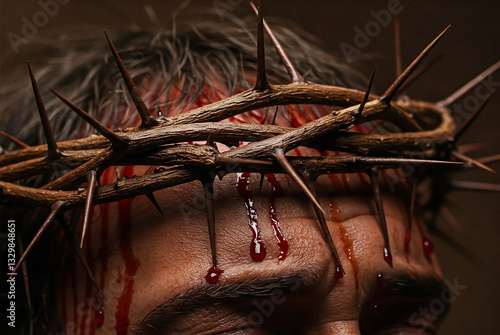 Close-up of the crown of thorns on the head of a man with blood flowing from it