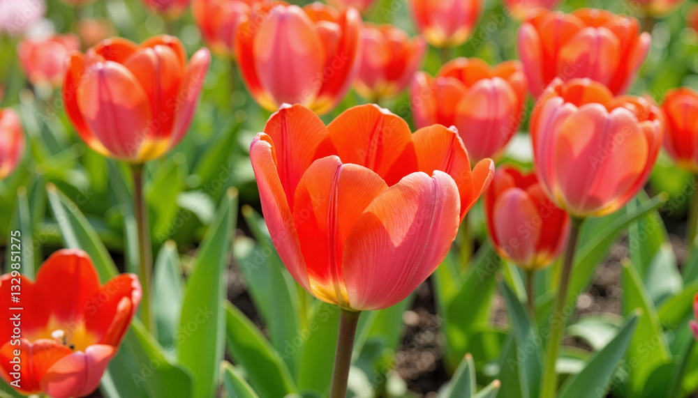 Vibrant red tulips blooming in bright flowerbed, spring beauty Vibrant red tulips blooming in bright flowerbed, spring beauty
